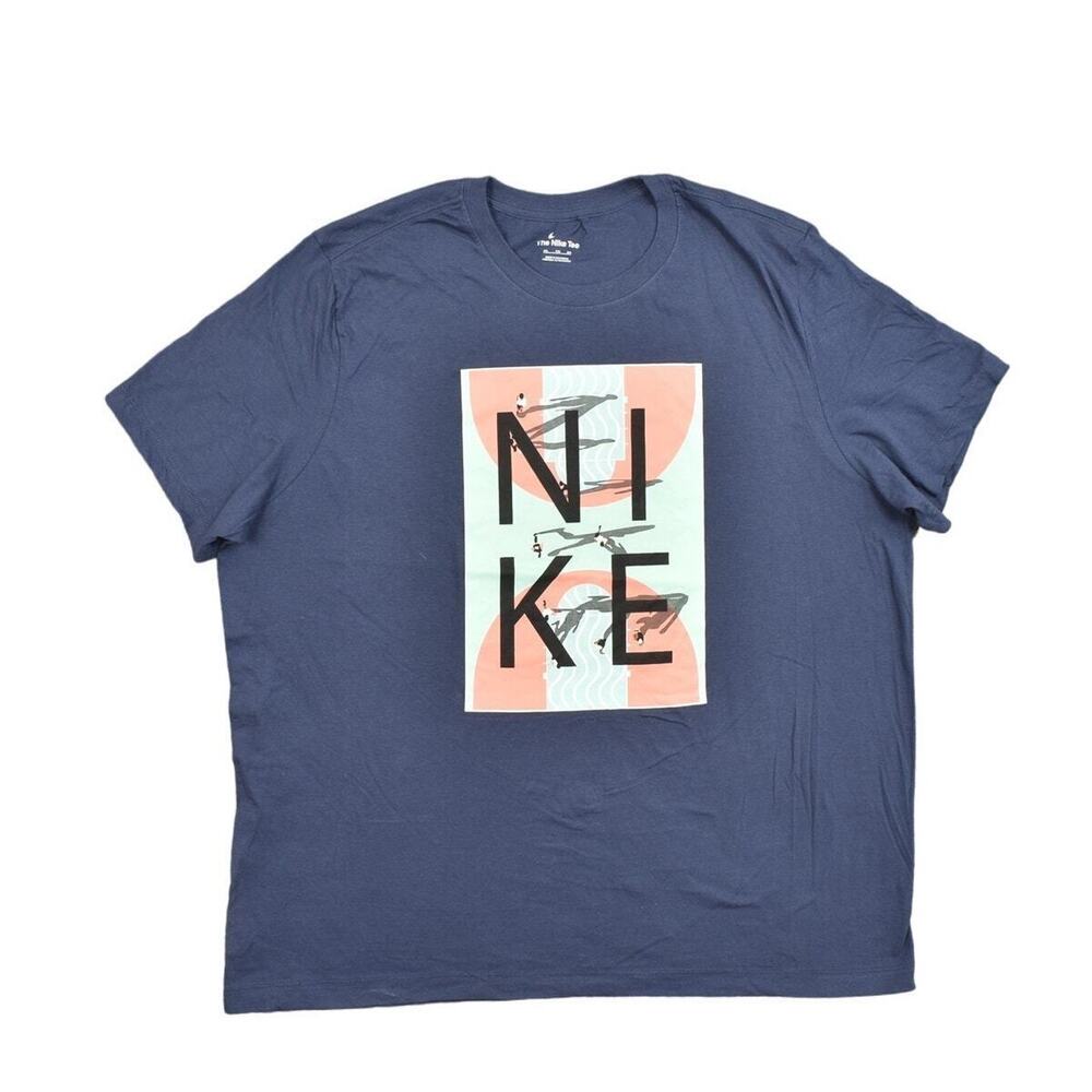 Nike 2XL Blue Cotton Blend T-Shirt Men Preowned Short Sleeve Cotton Big Logo